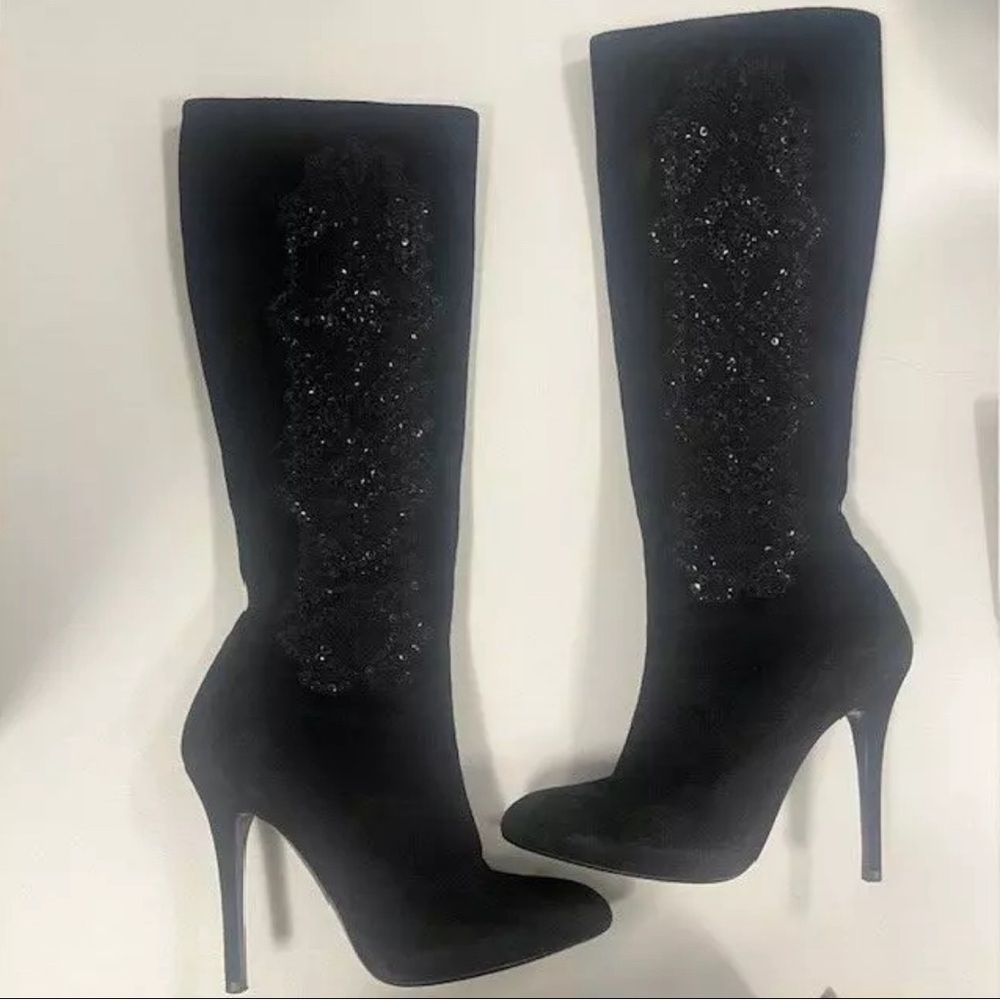 Ralph Lauren Collection Purple Label Suede Boot w/ Brocade Detail, Black, SZ 39